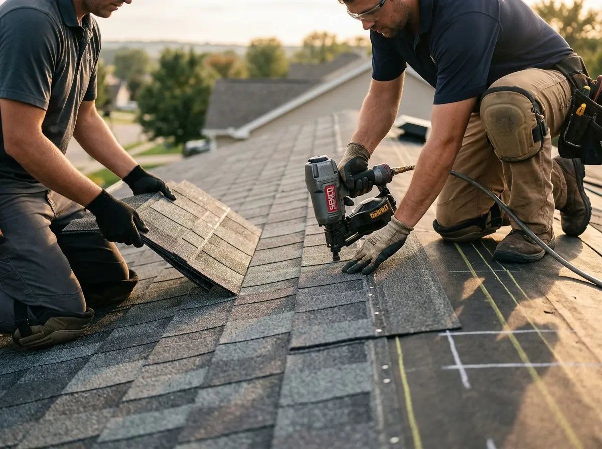 Professional roofer working on a residential roof in East Norriton